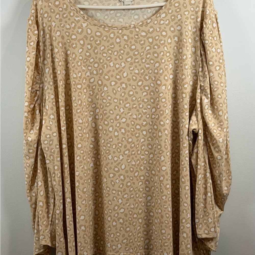 Cato Blouse Womens 26/28W Tan Leopard Print Puff Sleeve Scoop Neck Excellent